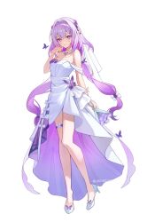 1girl absurdres alternate_costume bare_shoulders bow breasts bright_pupils bug butterfly castorice_(honkai:_star_rail) cleavage closed_mouth dress full_body hair_bow high_heels highres honkai:_star_rail honkai_(series) insect long_hair looking_at_viewer low_twintails pointy_ears purple_butterfly purple_eyes purple_hair shoes simple_background smile solo standing twintails twitter_username uwon veil very_long_hair white_background white_bow white_dress white_pupils white_shoes white_veil
