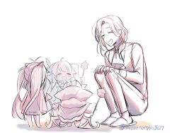 Rule 34 | 1boy, 2girls, :d, absurdres, aged down, blush, cloak, closed eyes, debidebi debiru, forehead, fur-trimmed cloak, fur trim, highres, holding, holding stick, kindergarten uniform, long hair, long sleeves, matsukai mao, monochrome, monocle, multiple girls, nijisanji, ninahachi, open mouth, pants, parted bangs, pleated skirt, poop on a stick, puffy long sleeves, puffy sleeves, shadow, shellin burgundy, shirt, simple background, skirt, slippers, smile, squatting, stick, twintails, twitter username, very long hair, virtual youtuber, white background, yorumi rena