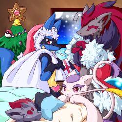 christmas christmas_tree closed_eyes furry gen_1_pokemon gen_4_pokemon gen_5_pokemon gift hat heart highres indoors lucario master_ball mienshao nintendo nyaswitchnya ornament poke_ball pokemon pokemon_(creature) riolu sack santa_hat sleeping snowing staryu window zoroark zorua