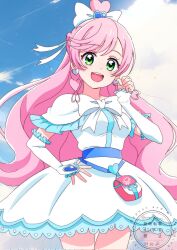 1girl :d ahoge arm_warmers blue_sky blush bow braid breasts chest_bow clenched_hand cloud cloudy_sky color_connection commentary cosplay cowboy_shot cure_prism cure_white cure_white_(cosplay) day dress earrings frilled_arm_warmers frilled_dress frilled_sleeves frills futari_wa_precure green_eyes hair_bow hair_intakes hair_ornament hair_ribbon half_up_braid hand_on_own_hip hand_up heart heart_ahoge heart_earrings heart_hair_ornament highres hirogaru_sky!_precure in-franchise_crossover jewelry long_hair looking_at_viewer magical_girl momotarouooi nijigaoka_mashiro open_mouth outdoors pink_hair pouch precure ribbon short_dress short_sleeves side_braids sky small_breasts smile solo standing watermark white_arm_warmers white_bow white_dress white_ribbon