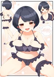 1girl absurdres ass bare_shoulders bikini black_bikini black_hair blush breasts brown_eyes captain_(kemono_friends) cleavage commentary curvy frilled_bikini frills highres kemono_friends kemono_friends_3 large_breasts looking_at_viewer navel open_mouth shiratsuki_(cpmk8242) short_hair short_sidetail sitting smile solo spoken_blush swimsuit thigh_strap translated wariza
