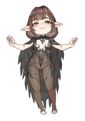 1girl bodystocking breasts brooch brown_hair cloak full_body granblue_fantasy haaselia harvin highres jewelry long_hair looking_at_viewer navel orange_eyes outstretched_arms pointy_ears simple_background small_breasts smile solo spread_arms straight-on white_background yggsil