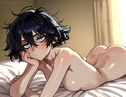 1girl ass black_hair blue_eyes breasts freckles highres lying messy_hair non-web_source nude on_bed on_stomach original sanpaku shiny_skin short_hair small_breasts sweat