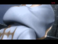 1girl 3d animated animated_gif blue_eyes breasts brown_hair castlevania_(series) female_focus hood large_breasts long_hair looking_back pachislot_akumajou_dracula ponytail robe solo surprised sypha_belnades
