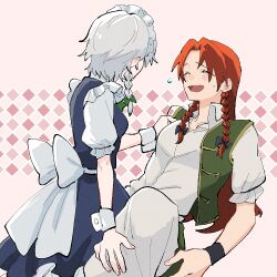 Rule 34 | 2girls, between legs, black dress, blush, braid, closed eyes, collared shirt, commentary request, dress, green vest, grey hair, hand on another&#039;s leg, hand on another&#039;s shoulder, highres, hong meiling, izayoi sakuya, maid headdress, multiple girls, open mouth, pants, pink background, red hair, shirt, side braid, smile, sweatdrop, touhou, ukei624, vest, white headdress, white pants, white shirt, wrist cuffs, wristband, yuri