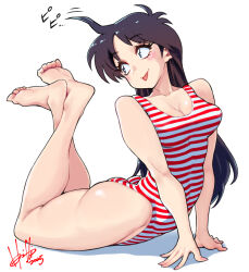 1girl :d barefoot blush breasts brown_hair character_request cleavage collarbone commission copyright_request crossed_ankles dated eyelashes feet feet_up full_body highleg highleg_one-piece_swimsuit highres hori_shin impossible_clothes impossible_swimsuit kurokami_miru legs long_hair looking_back medium_breasts nanka_youkai one-piece_swimsuit open_mouth parted_bangs red_one-piece_swimsuit signature simple_background smile soles solo sound_effects striped_clothes striped_one-piece_swimsuit swimsuit thighs toe_scrunch toenails toes tongue tongue_out very_long_hair white_background white_one-piece_swimsuit