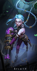 1girl absurdres arcane:_league_of_legends blood blood_on_clothes blood_on_face blue_hair boots braid bullet chinese_commentary commentary_request crack cracked_glass detached_sleeves fingerless_gloves from_above full_body gatling_gun gloves highres holding holding_weapon jing_zhou jinx_(league_of_legends) league_of_legends lips long_hair looking_at_viewer looking_up minigun open_mouth red_eyes solo teeth tooth_gap twin_braids weapon