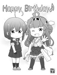 2girls artist_logo black_serafuku braid chibi commentary detached_sleeves double_bun full_body gloves greyscale hair_bun hair_over_shoulder happy_birthday headgear highres japanese_clothes kantai_collection kongou_(kancolle) kongou_pose logo long_hair looking_at_viewer monochrome multiple_girls neckerchief nontraditional_miko one_eye_closed pleated_skirt ribbon-trimmed_sleeves ribbon_trim sailor_collar sailor_shirt school_uniform serafuku shigure_(kancolle) shirt single_braid single_glove skirt tenshin_amaguri_(inobeeto)
