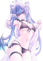 1girl bikini black_bikini black_choker blindfold blue_hair blush breasts choker cleavage halo headdress highres jewelry large_breasts long_hair multicolored_hair navel navel_piercing original piercing purple_hair ririge solo stomach streaked_hair swimsuit thighlet thighs twintails underboob