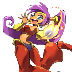 1girl bandeau bare_shoulders blue_eyes breasts circlet commentary_request dark-skinned_female dark_skin eyelashes fire gold_bracer gold_circlet gomomo00 harem_pants long_hair midriff open_mouth pants ponytail purple_hair pyrokinesis red_bandeau red_pants red_shoes shantae shantae_(series) shiny_skin shoes simple_background smile solo teeth upper_teeth_only white_background