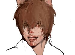 1boy animal_ears beard_stubble blood blood_on_face brown_hair copyright_request covered_eyes facial_hair fangs grin hair_over_eyes highres looking_at_viewer orange_eyes portrait realistic simple_background smile stubble white_background zeiiii