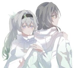 Rule 34 | 2girls, black hairband, closed mouth, fanny pack, firefly (honkai: star rail), gradient clothes, gradient eyes, gradient jacket, green pupils, grey hair, hair between eyes, hair intakes, hair ornament, hair tie, hairband, hand on own chest, highres, honkai: star rail, honkai (series), jacket, light smile, looking back, minutes (minutes draw), multicolored eyes, multicolored jacket, multiple girls, ponytail, simple background, stelle (honkai: star rail), trailblazer (honkai: star rail), waist bag, white background, white jacket, yellow eyes