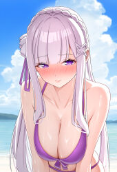 1girl 3: absurdres alternate_costume bare_shoulders beach bikini blue_pupils blue_sky blush breasts cleavage closed_mouth cloud collarbone emilia_(re:zero) eyelashes flower hair_flower hair_ornament hair_ribbon highres large_breasts long_hair looking_at_viewer merueru nose_blush ocean outdoors purple_bikini purple_eyes purple_ribbon re:zero_kara_hajimeru_isekai_seikatsu ribbon shiny_skin sky solo swimsuit water white_hair