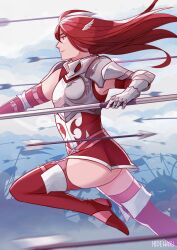 Rule 34 | 1girl, absurdres, armor, arrow (projectile), artist name, ass, battlefield, breastplate, closed mouth, commentary, cordelia (fire emblem), english commentary, fire emblem, fire emblem awakening, flag, from side, hair ornament, hidewari, highres, holding, holding polearm, holding weapon, long hair, looking to the side, nintendo, polearm, profile, red hair, silhouette, weapon, wing hair ornament