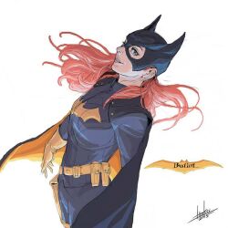 1girl 2015 animal_ear_headwear batgirl batman_(series) belt black_cape bodysuit breasts cape dc_comics eye_mask fake_animal_ears gloves grey_bodysuit ittoku_art long_hair medium_breasts orange_hair parted_lips signature smile solo superhero_costume two-sided_cape two-sided_fabric upper_body utility_belt white_background yellow_belt yellow_cape yellow_gloves