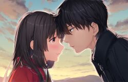 Rule 34 | 1boy, 1girl, black hair, black jacket, blush, brown eyes, cloud, couple, eye contact, forehead-to-forehead, game cg, heads together, hetero, highres, jacket, japanese clothes, kaguyuzu, kimono, long hair, looking at another, nie no hakoniwa, non-web source, outdoors, saliva, saliva trail, shiki kyoko, sky, twilight, yasaka kurou