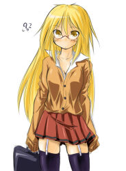 1girl ? adapted_costume bag black_thighhighs blonde_hair blush breasts brown-framed_eyewear brown_shirt brown_skirt cleavage closed_mouth collared_shirt commentary_request cowboy_shot expressionless garter_straps glasses holding holding_bag kaminagi_(kaminagi-tei) long_hair looking_at_viewer lord_knight_(ragnarok_online) medium_breasts pleated_skirt popped_collar ragnarok_online school_bag school_uniform shirt simple_background skirt solo spoken_question_mark standing thighhighs very_long_hair white_background yellow_eyes