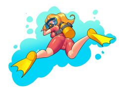 Rule 34 | 1girl, absurdres, artist name, ass, blue eyes, bodysuit, cameltoe, diving suit, flippers, from behind, highres, long hair, looking at viewer, looking back, minuspal, mona (warioware), nintendo, orange hair, ponytail, scuba gear, scuba tank, underwater, variant set, warioware, warioware: move it!, wetsuit