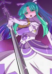 1girl absurdres aqua_hair blue_eyes blue_hair breasts cape gloves golden_sun hair_ribbon highres holding holding_staff large_breasts long_hair looking_at_viewer mia_(golden_sun) open_mouth ponytail ribbon robe simple_background solo staff toku_sonchou white_gloves wide_ponytail