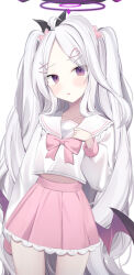 1girl absurdres ahoge blue_archive bow commentary frilled_sailor_collar frills hair_bow hair_ornament hairclip halo hanasaki_rin heart heart_hair_ornament highres hina_(blue_archive) long_hair long_sleeves looking_at_viewer low_wings pink_bow pink_skirt pleated_skirt purple_eyes purple_halo sailor_collar school_uniform serafuku shirt simple_background skirt solo very_long_hair white_background white_sailor_collar white_shirt wings x_hair_ornament