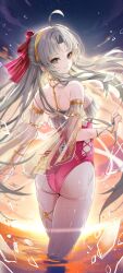 1girl ahoge aqua_eyes bow carlotta_(splashing_summer)_(wuthering_waves) carlotta_(wuthering_waves) commentary_request curtained_hair earrings frilled_one-piece_swimsuit frills grey_hair hair_bow highres jewelry kuramoto_beta-carotene long_hair looking_at_viewer looking_back official_alternate_costume one-piece_swimsuit pink_bow pink_one-piece_swimsuit solo striped_bow swimsuit tacet_mark_(wuthering_waves) very_long_hair wading water_drop wuthering_waves