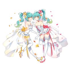 2girls ahoge alternate_costume artist_request bare_back bare_shoulders blush bow breasts bridal_veil brooch closed_mouth collar collarbone crown detached_collar dress dress_bow eggy_(final_gear) elbow_gloves final_gear flower full_body gloves gradient_hair green_hair hair_bow hair_ornament hand_on_another&#039;s_arm high_heels high_ponytail highres jewelry lace lace-trimmed_dress lace-trimmed_veil lace_trim lone_nape_hair looking_at_viewer medium_breasts multicolored_hair multiple_girls official_alternate_costume official_art open_mouth peggy_(final_gear) ponytail red_bow red_flower red_footwear red_petals red_ribbon ribbon see-through_clothes see-through_veil shoes short_dress siblings sidelocks simple_background sisters star_(symbol) star_in_eye symbol_in_eye tachi-e teeth thighhighs third-party_source tongue transparent_background twins two-tone_flower upper_teeth_only veil wedding_dress white_collar white_dress white_flower white_gloves white_thighhighs white_veil yellow_bow yellow_eyes yellow_flower yellow_petals yellow_ribbon yellow_shoes