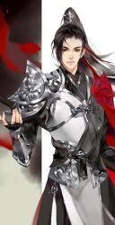 1boy armor asymmetrical_bangs black_gloves black_hair black_hanfu blood blood_splatter bracer chinese_clothes closed_mouth cowboy_shot expressionless fingerless_gloves gloves hair_ornament hair_ribbon hanfu high_ponytail lips long_hair male_focus original outstretched_hand pauldrons pink_lips ponytail red_eyes red_ribbon ribbon shoulder_armor single_pauldron smoke solo standing thick_eyebrows two-tone_hanfu very_long_hair white_background white_hanfu ye_dian_pikaqiu