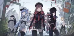 5girls arm_pouch armband armor asymmetrical_bangs bandaid bandaid_on_cheek bandaid_on_face bare_shoulders belt_pouch beret black_choker black_gloves black_hair black_headwear black_jacket black_leotard black_shirt black_thighhighs blue_hair boots breasts brown_eyes brown_hair cable chaps choker cleavage cloak collarbone collared_leotard collared_shirt colored_inner_hair cropped_jacket ear_piercing eunhwa_(nikke) fingerless_gloves forehead gloves goddess_of_victory:_nikke green_eyes hair_between_eyes hat highleg highres holding holding_weapon holster hood hood_down hooded_jacket id_card jacket leotard light_blue_hair long_hair maxwell_(nikke) mechanical_tail medium_breasts military_hat multicolored_hair multiple_girls navel neckerchief necktie ninney5 orange_hair peaked_cap piercing pouch privaty_(nikke) purple_eyes purple_hair rapi_(nikke) red_gloves red_jacket red_neckerchief red_necktie ruins shirt short_hair shoulder_armor sidelocks snow_white_(nikke) sports_bra tail thigh_boots thigh_holster thighhighs torn_cloak torn_clothes twintails two-sided_fabric two-sided_jacket two-tone_gloves very_long_hair visor_(armor) visor_cap weapon white_cloak white_gloves white_hair white_sports_bra yellow_eyes