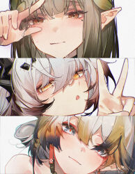 3girls arknights arm_up black_hair blonde_hair blush brown_eyes chinese_commentary chromatic_aberration close-up closed_mouth colored_tips commentary_request elf eyeliner film_grain grey_eyes grey_hair hair_between_eyes highres light_smile long_hair looking_at_viewer makeup mole mole_under_eye muelsyse_(arknights) multicolored_hair multiple_girls nervous_sweating openvl parted_lips pointy_ears red_eyeliner red_pupils shu_(arknights) staring sweat theresa_(arknights) v wavy_mouth yellow_eyes