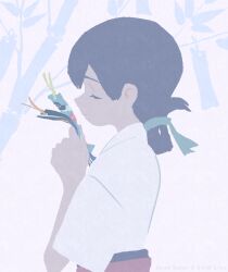 1girl bamboo black_hair blue_ribbon closed_eyes closed_mouth folded_ponytail from_side hair_ribbon haruta_(hrtco) holding holding_tanzaku japanese_clothes kantai_collection kasuga_maru_(kancolle) kimono leaf profile ribbon simple_background solo taiyou_(kancolle) tanabata tanzaku upper_body white_kimono