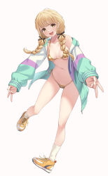 1girl absurdres alternate_costume bikini bikini_under_clothes blonde_hair blush braid breasts collarbone commentary_request double_v fang fujita_kotone full_body gakuen_idolmaster gold_bikini hair_ribbon highres idolmaster jacket long_hair looking_at_viewer medium_breasts multicolored_jacket navel open_clothes open_jacket ribbon shoes simple_background skin_fang smile sneakers socks solo swimsuit thighhighs tsunenorip twin_braids v white_background white_socks yellow_eyes yellow_shoes