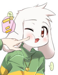 ... 1boy 1other asriel_dreemurr chara_(undertale) goat_boy heart heart_necklace highres jewelry leftporygon necklace one_eye_closed open_mouth poking red_eyes simple_background spoken_ellipsis undertale upper_body white_background white_fur yellow_stripes