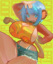 1girl animal_ears arm_up blue_hair breasts cleavage_cutout clothing_cutout commission highres huge_breasts luna_(geistbox) making-of_available midriff monkey_ears monkey_girl monkey_tail navel open_hand open_mouth original short_shorts shorts sideboob simple_background solo tail wamudraws