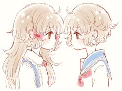 Rule 34 | 1boy, 1girl, annoyed, blue sailor collar, bow, brother and sister, brown eyes, brown hair, buttons, center frills, closed mouth, collared shirt, commentary, cropped torso, eleanor (ohmyeleanor), eyelashes, face-to-face, frilled shirt collar, frills, furrowed brow, goldia die heilige, hair bow, heads together, henri die heilige, light blush, long hair, long sleeves, neckerchief, pocket mirror, red bow, red brooch, red neckerchief, sailor collar, sailor shirt, shirt, short hair, siblings, simple background, star (symbol), star in eye, suspenders, symbol in eye, tareme, very long hair, white background, white shirt