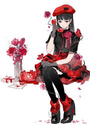 1girl 26duuuu alternate_costume amagi_yukiko black_eyes black_hair black_shirt black_shoes closed_mouth flower full_body hat highres holding holding_phone long_hair looking_at_viewer persona persona_4 phone red_flower red_hat red_skirt shirt shoes simple_background sitting skirt solo thighhighs white_background