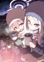 2girls beanie black_boots black_halo black_jacket black_pantyhose black_skirt blue_archive blue_eyes blue_hat boots camping coffee coffee_mug crossed_bangs cup down_jacket fang feet_out_of_frame full_body green_jacket hair_between_eyes halo hat heterochromia highres hina_(blue_archive) holding holding_cup hoshino_(blue_archive) jacket kazekawa_nagi kerosene_lamp lamp long_hair looking_at_viewer mug multiple_girls night night_sky open_mouth outdoors pantyhose parted_lips percolator pink_hair pink_halo pleated_skirt purple_eyes purple_scarf scarf sitting skirt sky smile white_hat white_scarf yellow_eyes