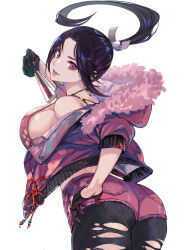 1girl alternate_costume black_hair black_pantyhose breasts cleavage denim denim_shorts fatal_fury female_focus folding_fan from_behind gloves half_gloves hand_fan highres holding holding_fan jacket large_breasts looking_at_viewer looking_back pale_skin pantyhose ponytail rinzo shiranui_mai shorts sideboob simple_background smile snk solo street_fighter street_fighter_6 the_king_of_fighters torn_clothes torn_pantyhose white_background wide_hips