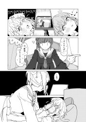 2girls :d @_@ a_(phrase) absurdres breasts cellphone closed_mouth commentary covering_face crossed_bangs double_facepalm embarrassed emphasis_lines facepalm flower greyscale hair_bun hair_flower hair_ornament hands_on_own_face heart heart-shaped_pupils highres hinoshita_kaho large_breasts link!_like!_love_live! livestream liz_(piyoko_piyop) long_hair love_live! lying medium_hair monochrome multiple_girls nervous_smile nervous_sweating notice_lines on_back on_bed open_mouth otomune_kozue phone phone_stand pointing rabbit_hair_ornament side_ponytail sidelocks single_side_bun smartphone smile sweat symbol-shaped_pupils tablet_pc tassel tassel_hair_ornament translation_request tripod two_side_up v-shaped_eyebrows virtual_youtuber yuri |_|