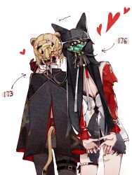 2girls animal_ears astra_yao belt black_gloves black_hair black_jacket black_pants blonde_hair braid braided_bun cat_ears cat_girl cat_tail commentary cowboy_shot english_commentary evelyn_chevalier from_behind gloves hair_bun heart height_difference highres jacket jacket_on_shoulders kemonomimi_mode leaning_on_person leaning_to_the_side lion_ears lion_girl lion_tail multiple_girls pants par_sato simple_background tail tail_wagging thigh_belt thigh_strap white_background yuri zenless_zone_zero