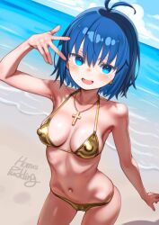 1girl ahoge bare_shoulders beach bikini blue_eyes blue_hair blush breasts cameltoe ciel_(tsukihime) cleavage collarbone covered_erect_nipples cross cross_necklace gold_bikini highres jewelry large_breasts looking_at_viewer navel necklace open_mouth puddinghomhom shore short_hair smile solo swimsuit thighs tsukihime