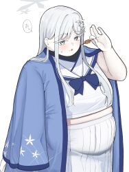1girl 7sufyfhysfsdkn0 alternate_body_size blue_archive blue_bow blush bow coat coat_on_shoulders eating fat fat_woman grey_eyes hair_behind_ear halo haori highres holding holding_skewer japanese_clothes looking_at_viewer nagusa_(blue_archive) open_mouth pleated_skirt sailor_collar shirt simple_background skewer skindentation skirt solo speech_bubble translation_request white_background white_hair white_shirt white_skirt