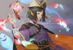 Rule 34 | 1boy, 91007, artist name, bob cut, cape, commentary request, dark-skinned male, dark skin, facial mark, fire emblem, fire emblem: radiant dawn, fire emblem heroes, floating, floating object, forehead mark, ghost, grey background, hand up, hat, hat tassel, high collar, kurthnaga (fire emblem), kurthnaga (halloween) (fire emblem), laguz (fire emblem), long sleeves, looking to the side, male focus, nintendo, official alternate costume, parted lips, red eyes, solo, star (symbol), tassel, twitter username, two-sided cape, two-sided fabric, upper body, watermark