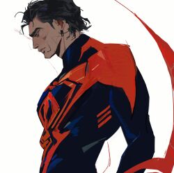 1boy absurdres black_hair bodysuit closed_mouth dark-skinned_male dark_skin highres honeyoink_draw male_focus marvel mature_male miguel_o&#039;hara muscular muscular_male parted_bangs profile short_hair sideburns solo spider-man:_across_the_spider-verse spider-man_(series) spider-verse superhero_costume tan upper_body white_background