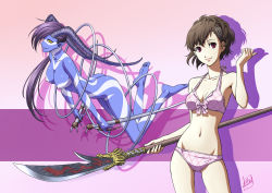 2girls asymmetrical_hair atlus barefoot bikini blue_skin breasts brown_hair colored_skin cybele cybele_(megami_tensei) demon_(megami_tensei) demon_girl dual_wielding feet floating hair_ornament holding horns long_hair mcq multiple_girls naginata navel nipples nude persona persona_3 persona_3_portable pointy_ears polearm ponytail purple_hair red_eyes shiomi_kotone short_hair swimsuit weapon yellow_eyes