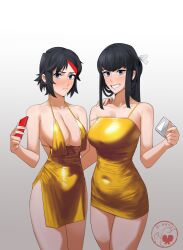 2girls absurdres black_hair blue_eyes blush breasts commentary covered_navel cup dress earrings english_commentary frown gold_dress grin highres holding holding_cup holding_phone hong_doo jewelry kill_la_kill kiryuuin_satsuki large_breasts long_hair matoi_ryuuko multicolored_hair multiple_girls phone red_hair short_dress short_hair siblings side_slit sideboob sisters smile strap_slip streaked_hair