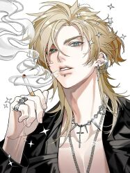 1boy black_jacket blonde_hair blue_eyes cigarette cross cross_necklace degrees_of_lewdity highres jacket jewelry lip_piercing looking_at_viewer necklace owhe6xinjl66160 piercing ring short_hair simple_background solo sparkle upper_body white_background whitney_(degrees_of_lewdity) whitney_(male)_(degrees_of_lewdity)