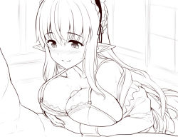 1boy 1girl blush bra breasts breasts_squeezed_together closed_mouth collarbone full-face_blush greyscale hair_between_eyes half-closed_eyes hetero indoors large_breasts lineart long_hair looking_down maid maid_headdress monochrome original paizuri paizuri_under_clothes penis pointy_ears precum shirt_slip sketch smile solo_focus sweat sweatdrop uncensored underwear uni8 upper_body