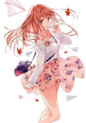 1girl bag bare_legs belt between_breasts blush breasts collarbone fingernails floating_hair floral_print fujinomiya_neko highres holding holding_paper_airplane leaf long_fingernails long_hair long_legs looking_at_viewer maple_leaf masamune-kun_no_revenge medium_breasts mole mole_under_eye orange_hair paper_airplane raised_eyebrows see-through_clothes shoulder_bag simple_background skirt skirt_hold smile solo split_mouth standing strap_between_breasts sweater tears tiv white_background wind