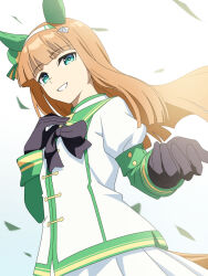 1girl animal_ears baasaku_(balasaku24) black_gloves blunt_bangs ear_covers gloves green_eyes horse_ears horse_girl looking_at_viewer orange_hair silence_suzuka_(umamusume) smile solo umamusume