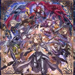 2others 4girls 6+boys alba-lenatus_the_abyss_dragon albaz_(yu-gi-oh!) aluber_(yu-gi-oh!) aluber_the_jester_of_despia amanda_lapalme animal_ear_fluff animal_ears armor black_jacket blonde_hair bomb cape chest_jewel commentary dark-skinned_male dark_skin dogmatika_ecclesia_the_virtuous dogmatika_fleurdelis_the_knighted dragon duel_monster ecclesia_(yu-gi-oh!) english_commentary everyone explosive facial_mark fallen_of_albaz fire fleurdelis_(yu-gi-oh!) forehead_jewel forehead_mark fur goggles grey_eyes grey_hair gun hand_up headgear holding holding_gun holding_sword holding_weapon hood horns jacket jewelry kitt_(yu-gi-oh!) light_brown_hair long_hair lubellion_the_searing_dragon mask multiple_boys multiple_girls multiple_others one_eye_closed one_side_up pink_hair pointy_ears purple_hair red_eyes red_hair shoulder_armor smile strapless sword tri-brigade_ferrijit_the_barren_blossom tri-brigade_kerass tri-brigade_kitt tri-brigade_nervall tri-brigade_shuraig_the_ominous_omen tube_top weapon wings wrench yellow_eyes yu-gi-oh!